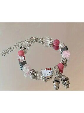 Hello Kitty Pink Beaded Charm Bracelet Kawaii Heart Jewelry